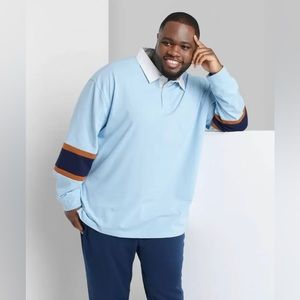 NWT Original Use Adult Extended Size Long Sleeve Rugby Polo Shirt Blue 2XLT